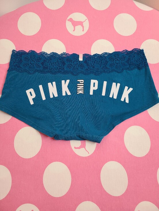 PINK Victoria's Secret Other - Retired VS PINK Lace Waist Cotton Low Rise Boyshort Panty Size Sm Blue Logo